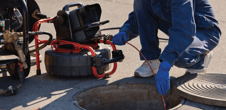 A drain engineer uses a CCTV camera to inspect a drain in Ashford.