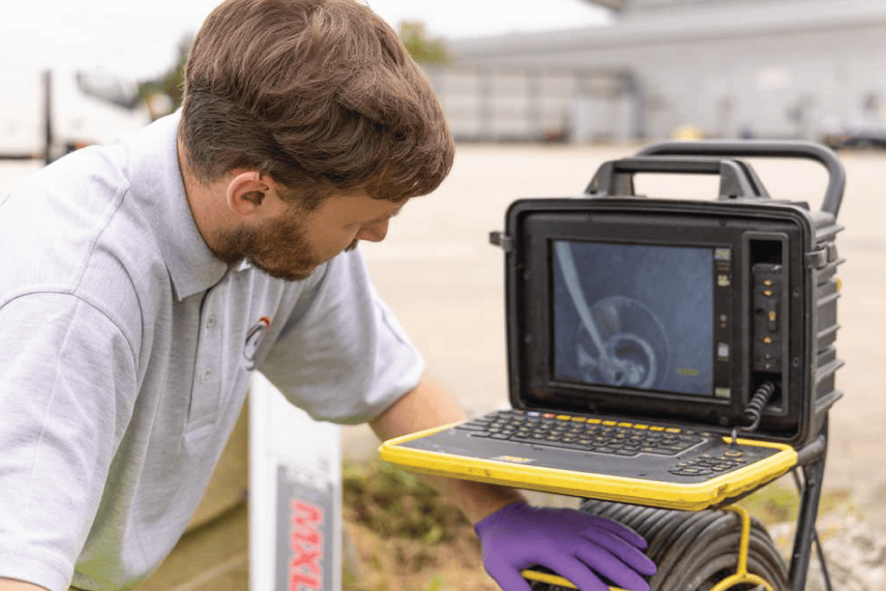 Chris views the screen of a CCTV inspection camera to see within a manhole in Herne Hill.