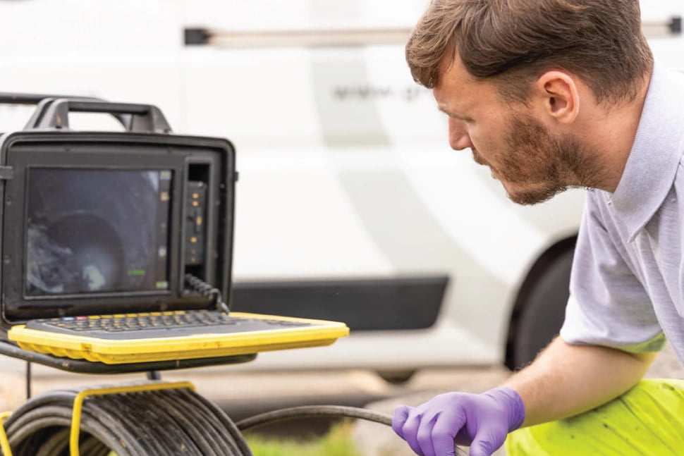 Chris looks to the live CCTV drain footage of the manhole he's inspecting in Rochester.