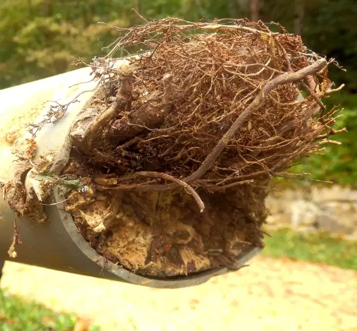 A cracked drain pipe with tree roots protruding from it.