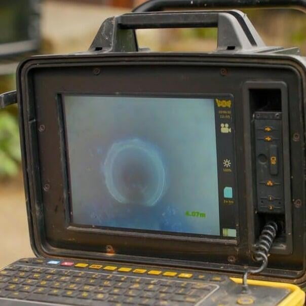 CCTV drain survey in operation on screen.