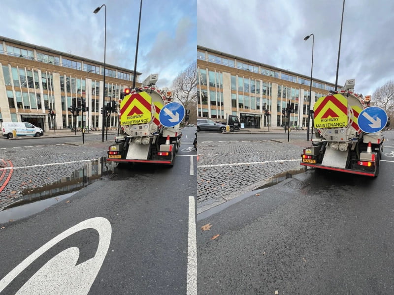 Before and after images of the Whale jetting and suction vehicle. The 'before' image shows the Whale next to a large puddle on the road, and the 'after' image shows the puddle as significantly smaller.
