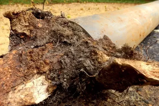 A large intrusion of tree root protrudes from a broken drain pipe.