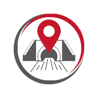 Tunnel to sewer with location pin icon.