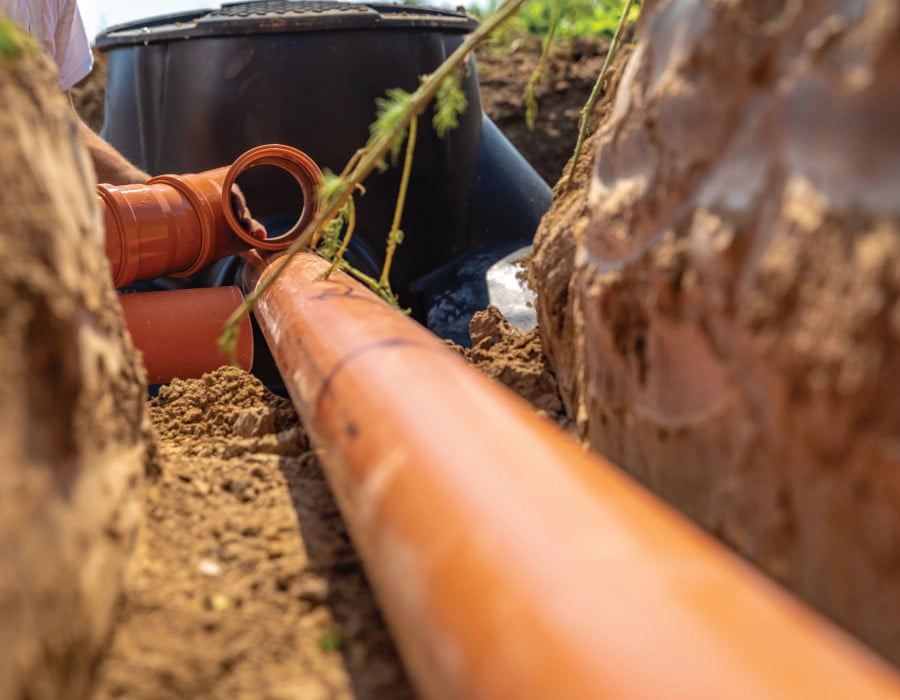 Drain excavation. A pipe lies in a trench.